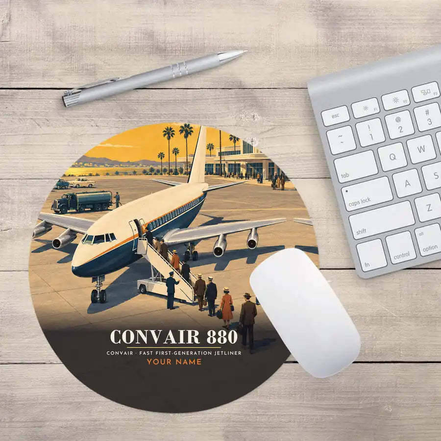 Convair 880 - 3D + Name - Round Mouse Pad - Full Print