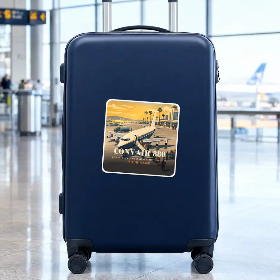 Convair 880 - 3D + Name - Square Sticker - Suitcase