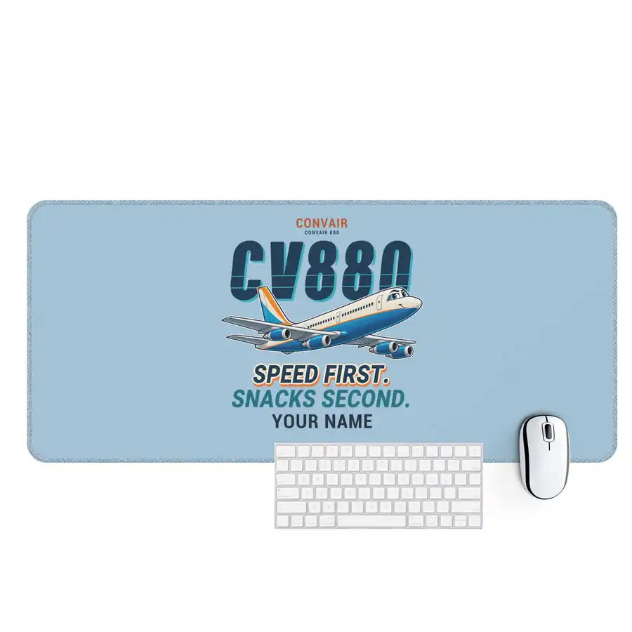 Convair 880 - Cartoon + Name - Desk Mat - Light Blue