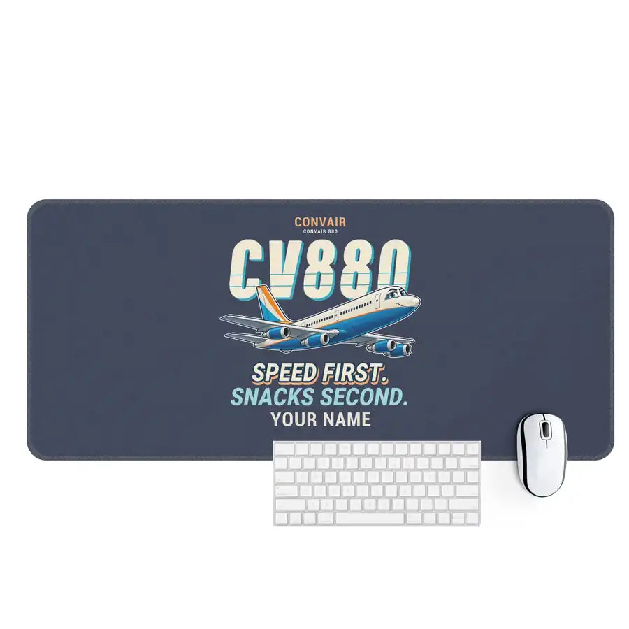 Convair 880 - Cartoon + Name - Desk Mat - Navy Blue