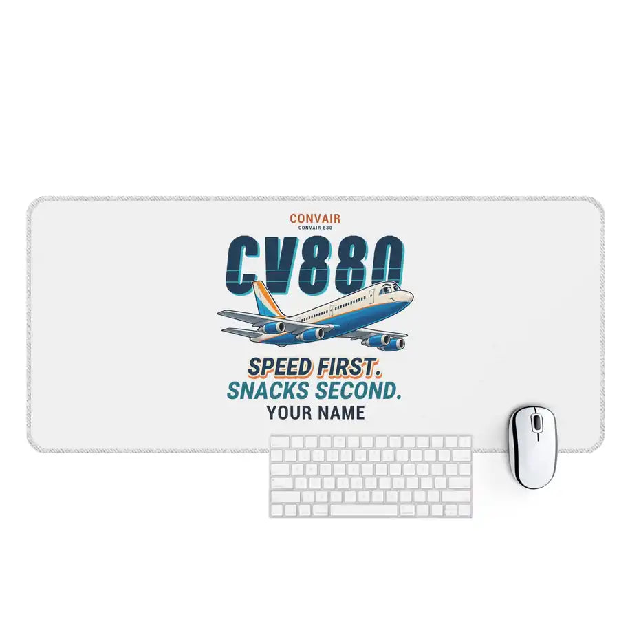 Convair 880 - Cartoon + Name - Desk Mat - White