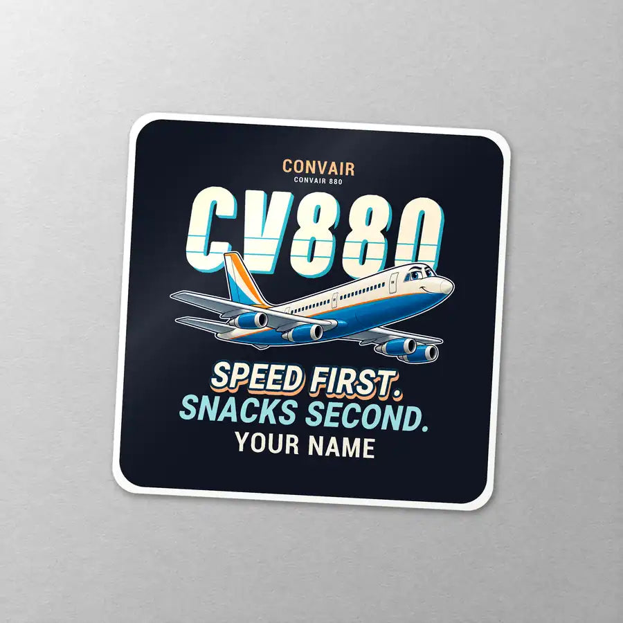 Convair 880 - Cartoon + Name - Square Sticker - Close-up