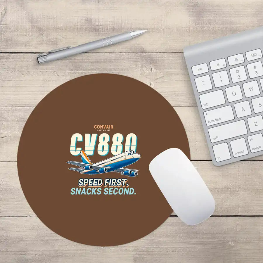 Convair 880 - Cartoon - Round Mouse Pad - Brown