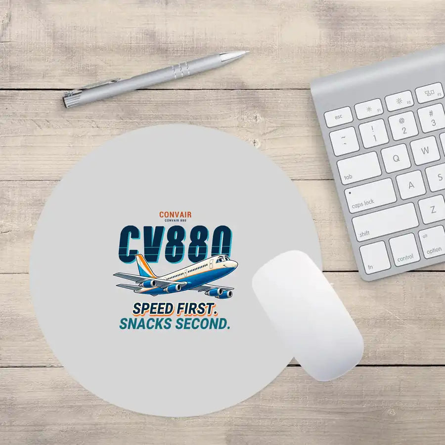 Convair 880 - Cartoon - Round Mouse Pad - Light Gray