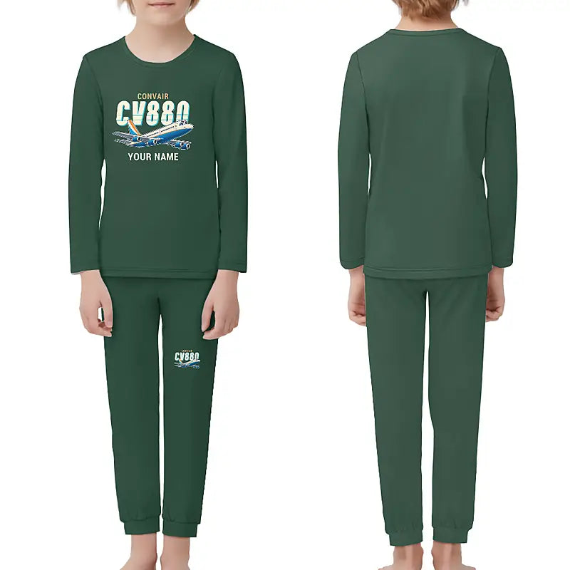 Convair 880 - Children Pajamas - Cartoon Chest + Name - Dark Green