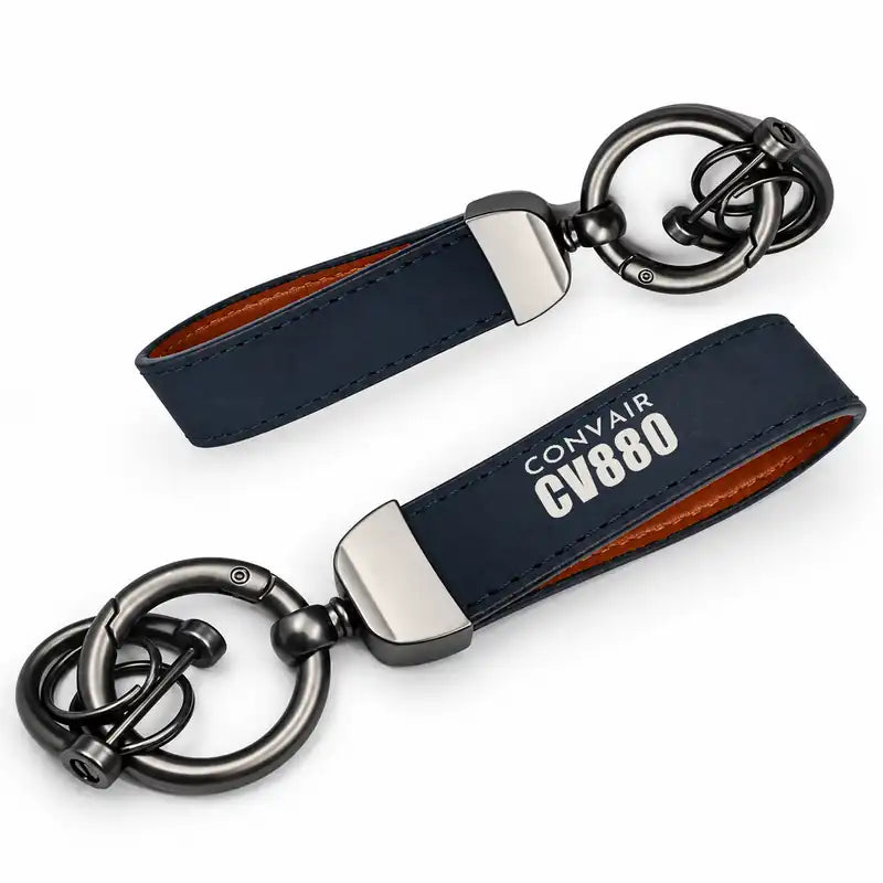 Convair 880 - Leather Key Chain - Horseshoe Buckle - Tag - Navy Blue