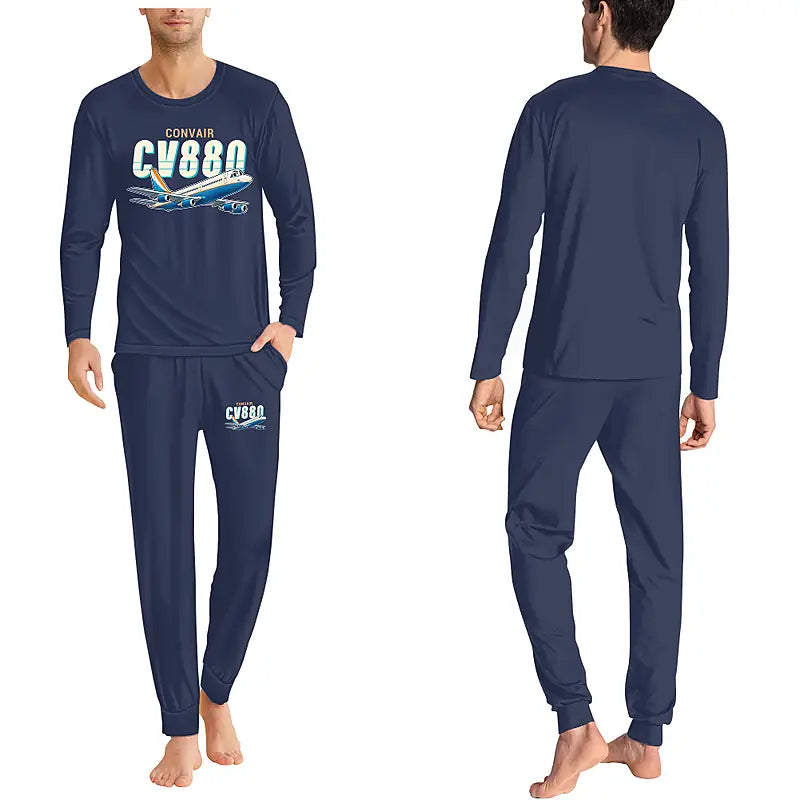 Convair 880 - Men Pajamas - Cartoon Chest - Navy Blue