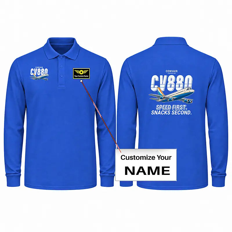 Convair 880 Premium Polo T-Shirts - Cartoon + Name - Long Sleeve - Blue