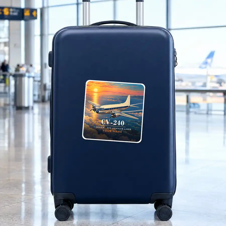 Convair CV-240 - 3D + Name - Square Sticker - Suitcase