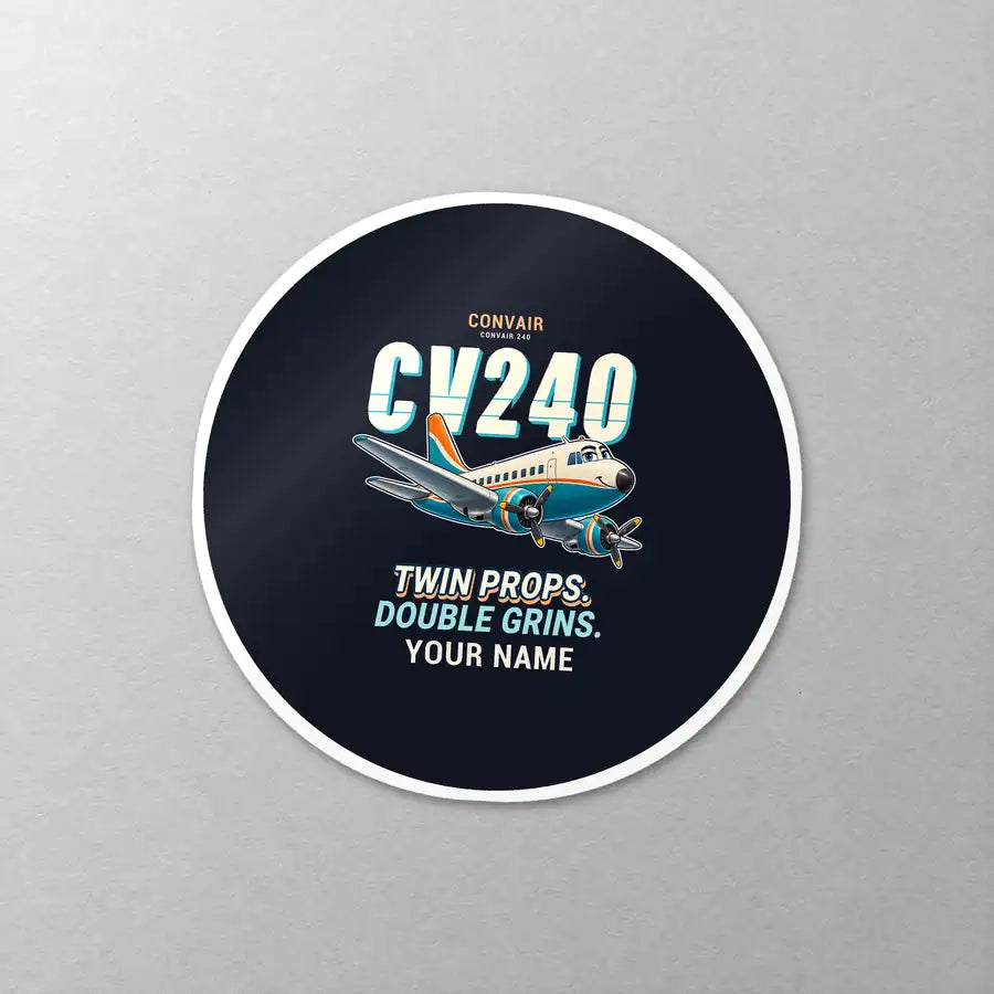 Convair CV-240 - Cartoon + Name - Circle Sticker - Close-up
