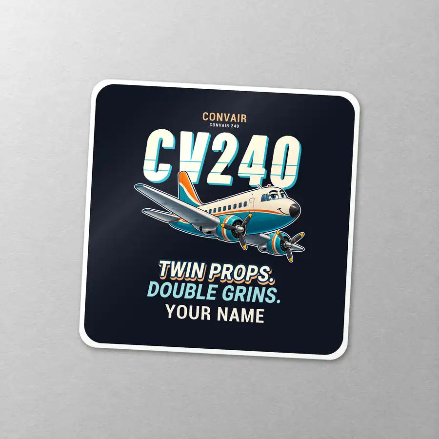 Convair CV-240 - Cartoon + Name - Square Sticker - Close-up