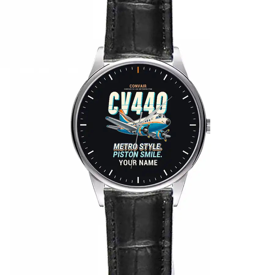 Convair CV-440 Metropolitan - Cartoon + Name - Leather Strap - Striped Black Leather Strap