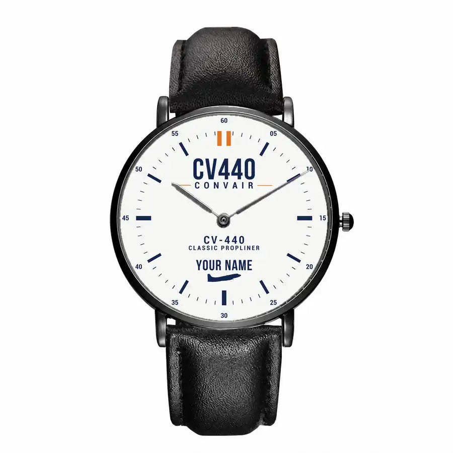 Convair CV-440 Metropolitan - Classic - White + Name - Slim Leather - Black and Black Leather Strap