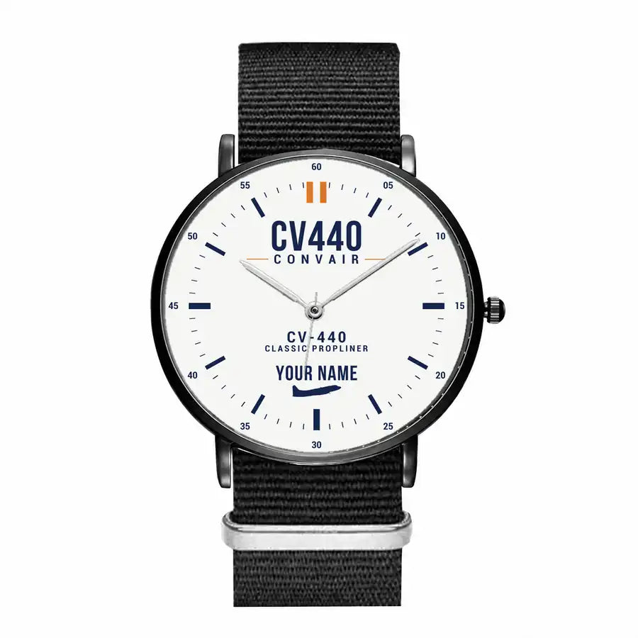 Convair CV-440 Metropolitan - Classic - White + Name - Slim Leather - Black and Black Nylon Strap
