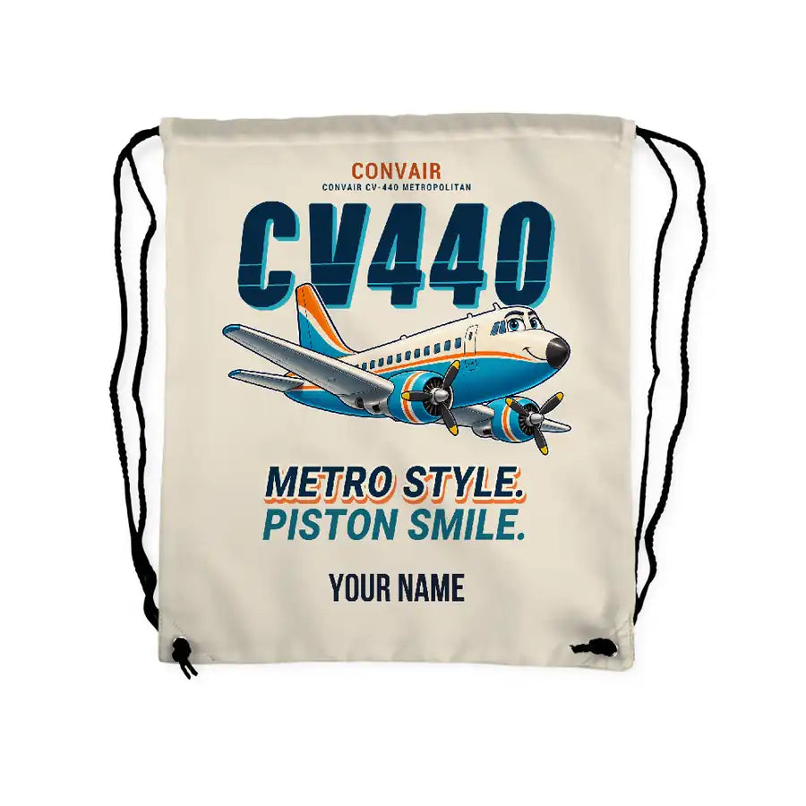 Convair CV-440 Metropolitan - Drawstring Bag - Cartoon + Name - Beige