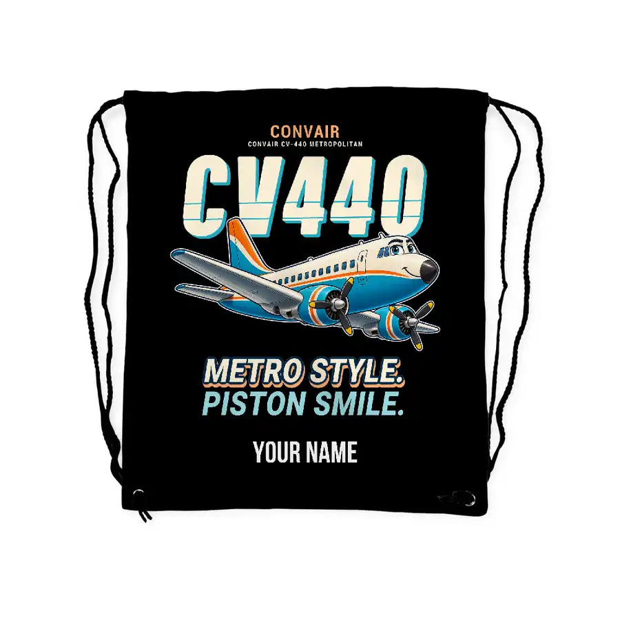 Convair CV-440 Metropolitan - Drawstring Bag - Cartoon + Name - Black