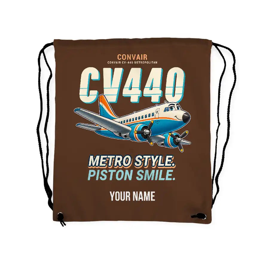 Convair CV-440 Metropolitan - Drawstring Bag - Cartoon + Name - Brown
