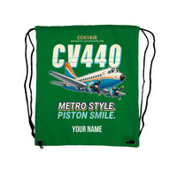 Thumbnail for Convair CV-440 Metropolitan - Drawstring Bag - Cartoon + Name - Green