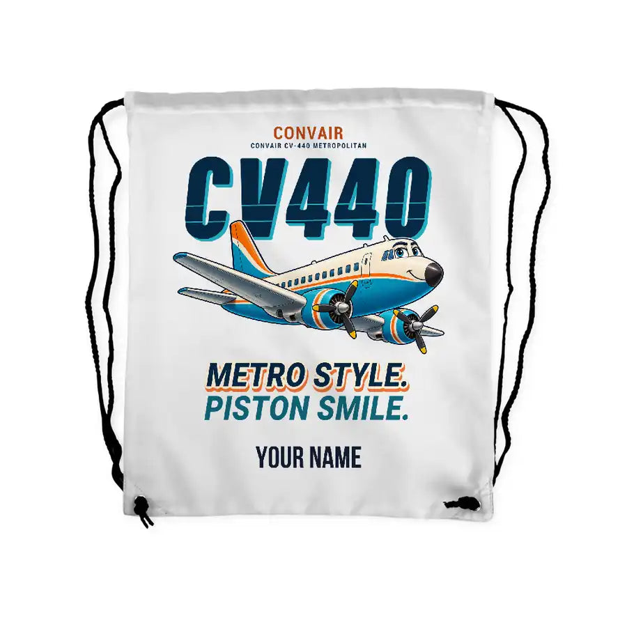 Convair CV-440 Metropolitan - Drawstring Bag - Cartoon + Name - White