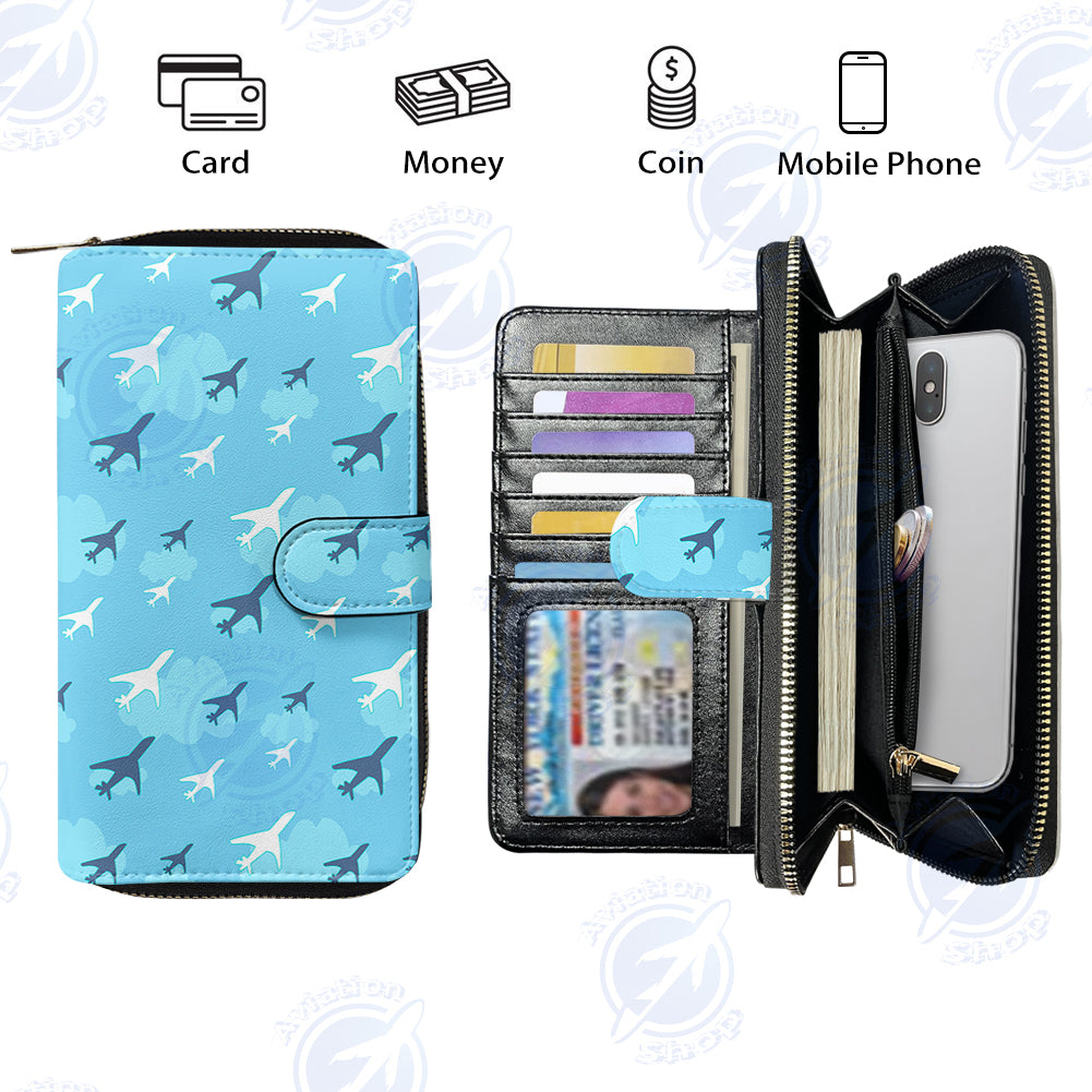 Cool & Super Airplanes Designed Leather Long Zipper Wallets