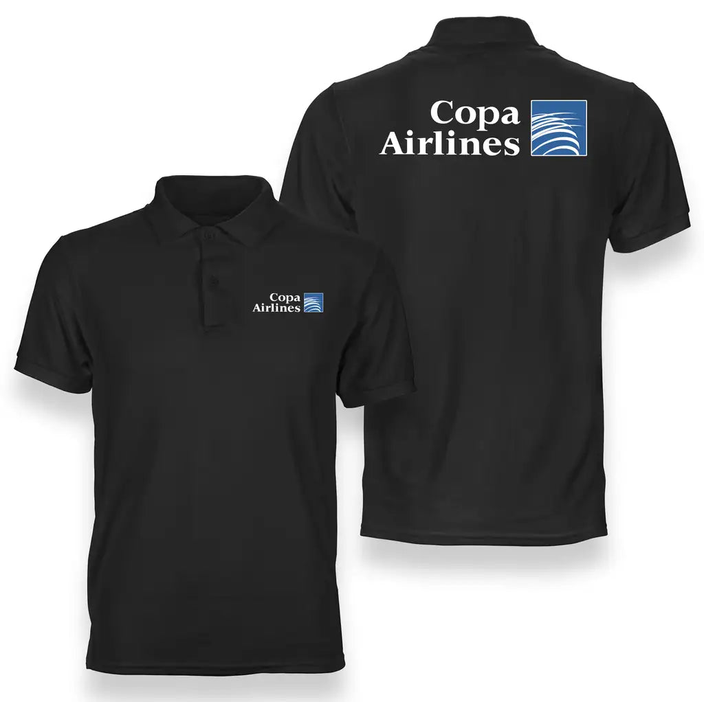 Copa Airlines logo on black double side polo t shirt
