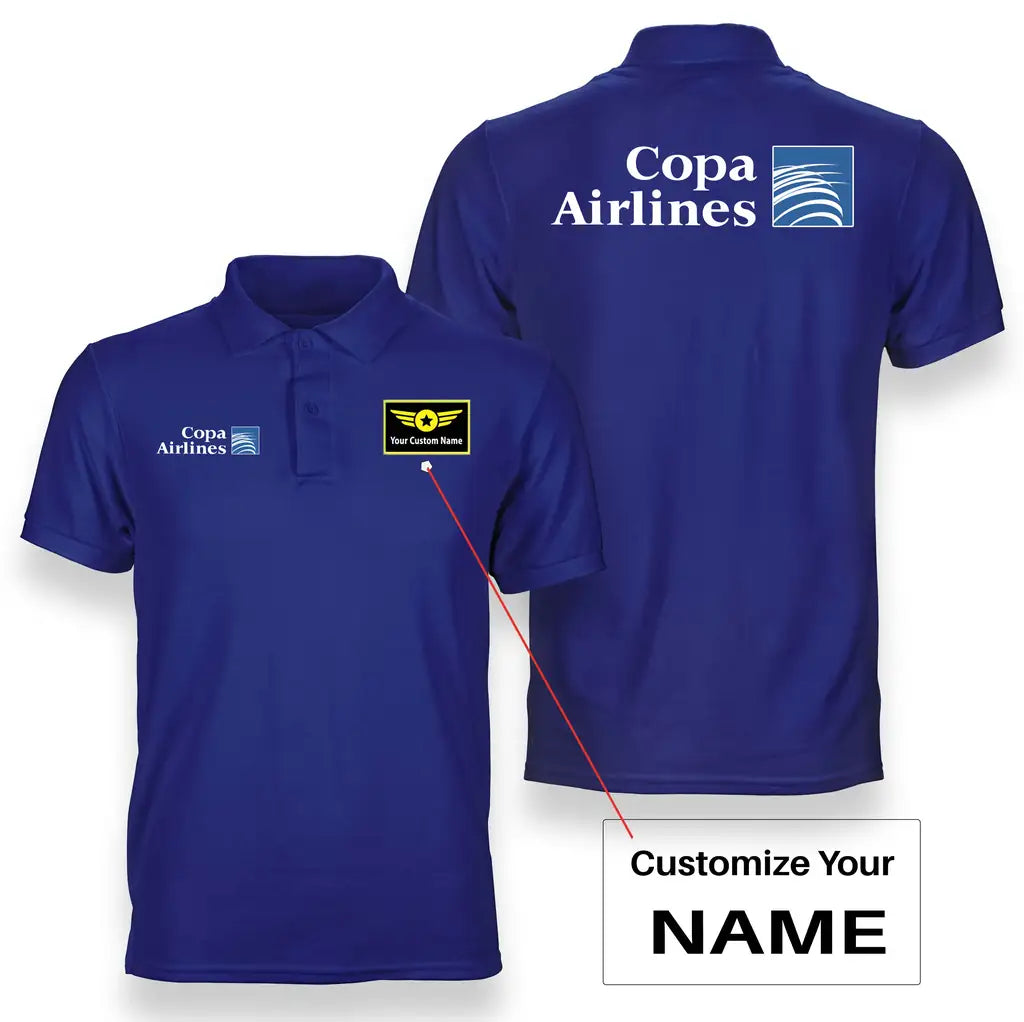 Copa Airlines logo on blue + name double side polo t shirt