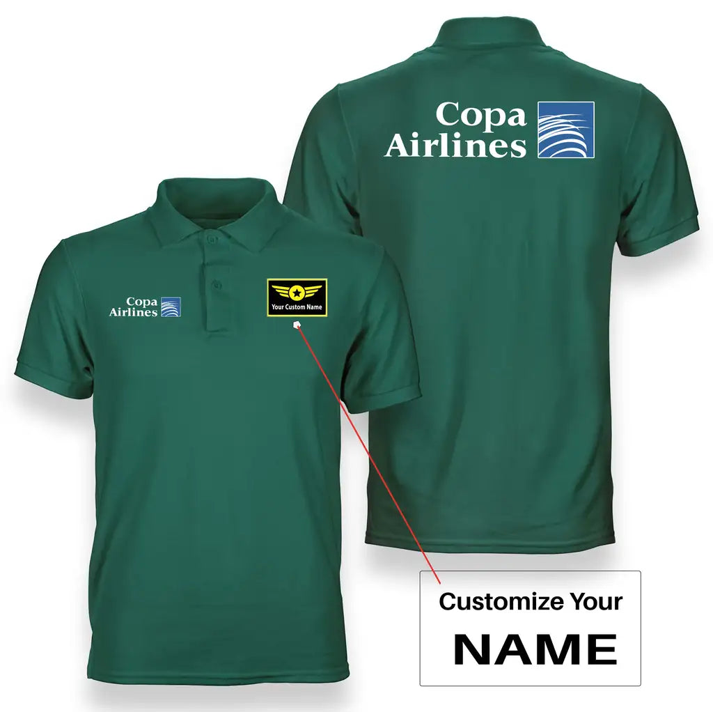 Copa Airlines logo on green + name double side polo t shirt
