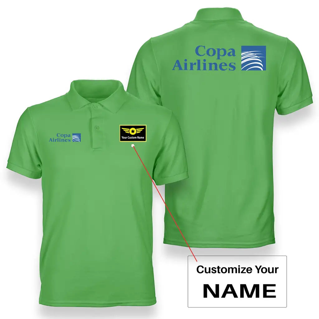 Copa Airlines logo on light green + name double side polo t shirt
