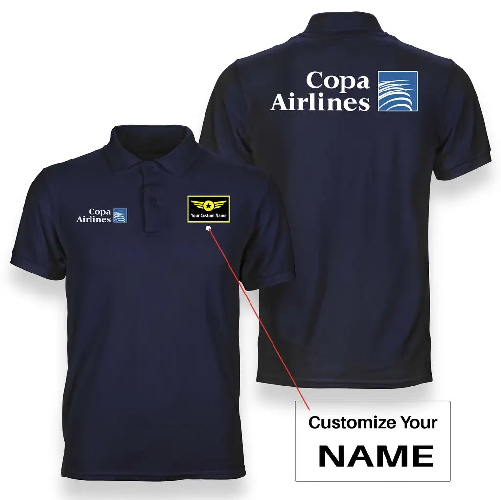 Copa Airlines logo on navy blue + name double side polo t shirt