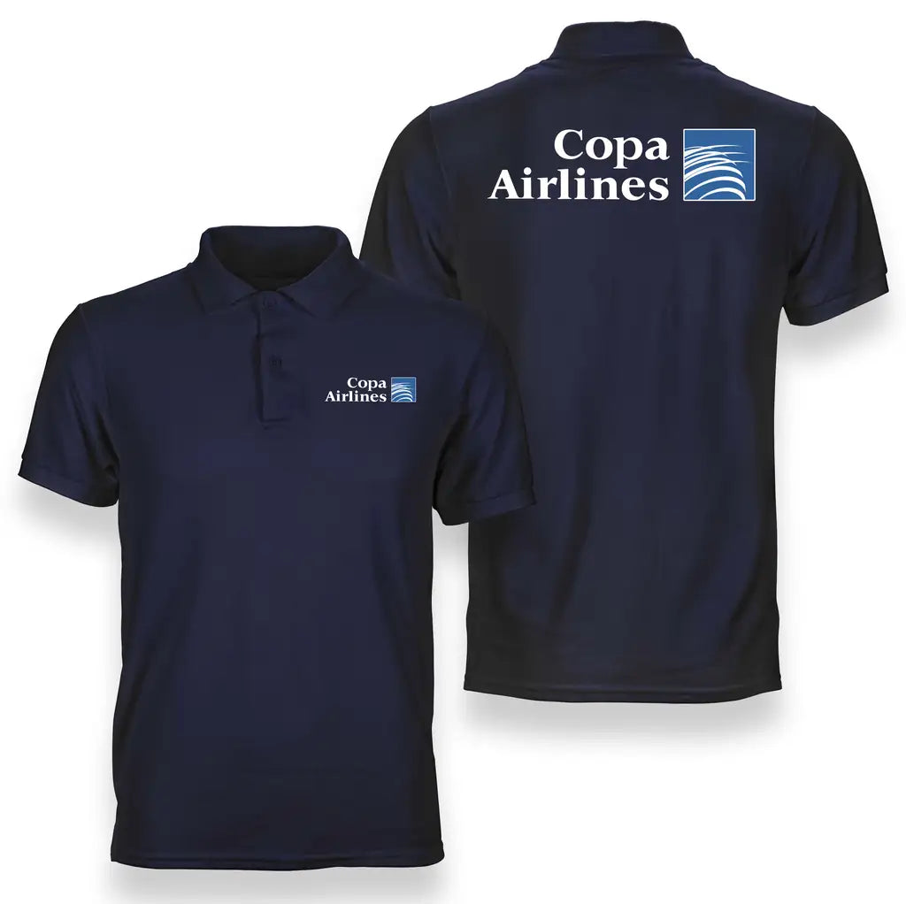 Copa Airlines logo on navy blue double side polo t shirt