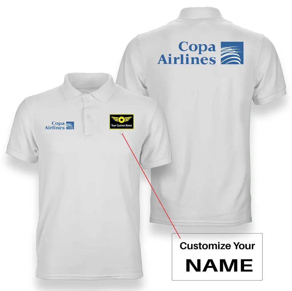 Copa Airlines logo on white + name double side polo t shirt