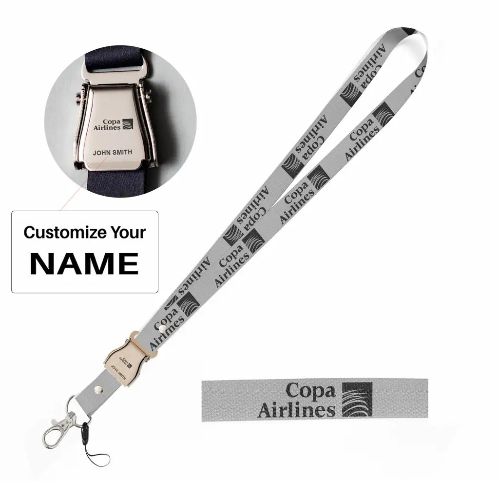 Copa Airlines seat belt lanyard - light gray with name