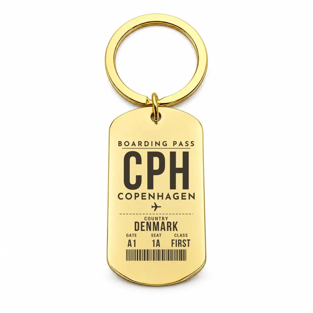 Copenhagen Airport Kastrup CPH - Key Chain - Boarding Pass Style - Gold