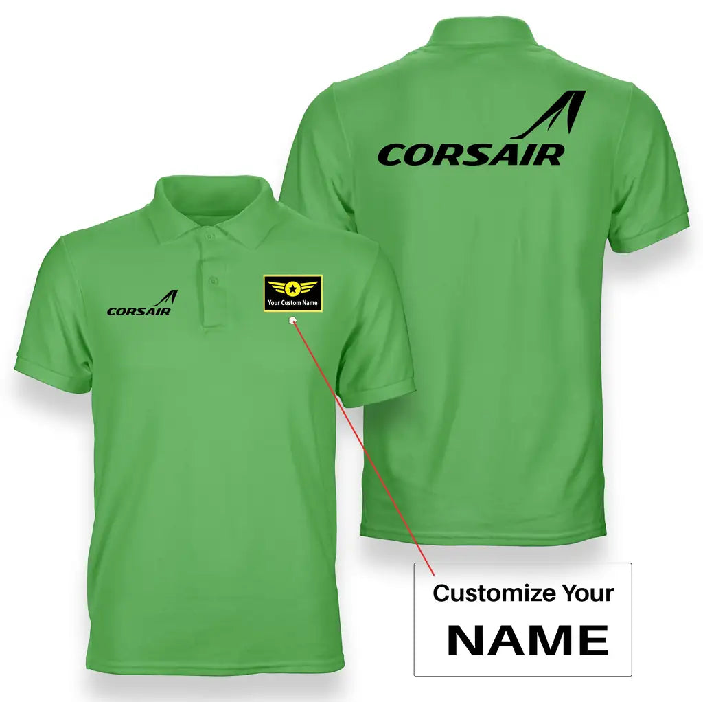 Corsair Airlines logo on light green + name double side polo t shirt