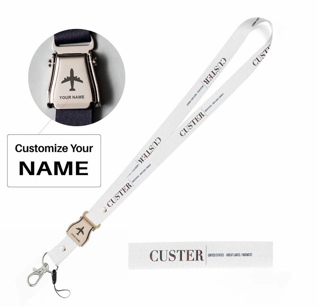 Custer City Series seat belt lanyard - white with name