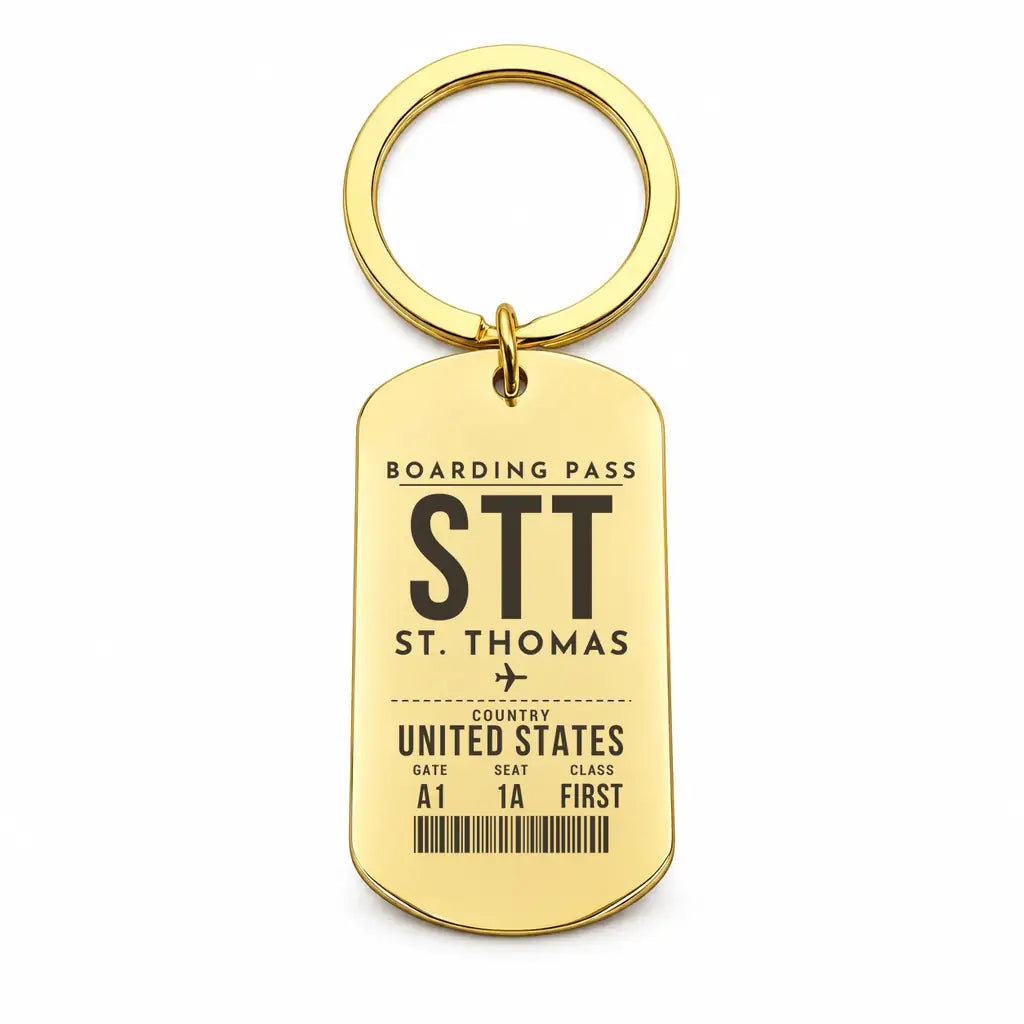 Cyril E. King Airport STT — St. Thomas - Key Chain - Boarding Pass Style - Gold