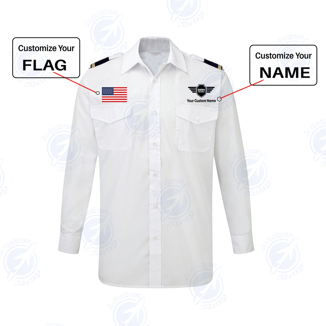 Custom Flag & Name with EPAULETTES (Badge 5) Designed Long Sleeve Pilot Shirts