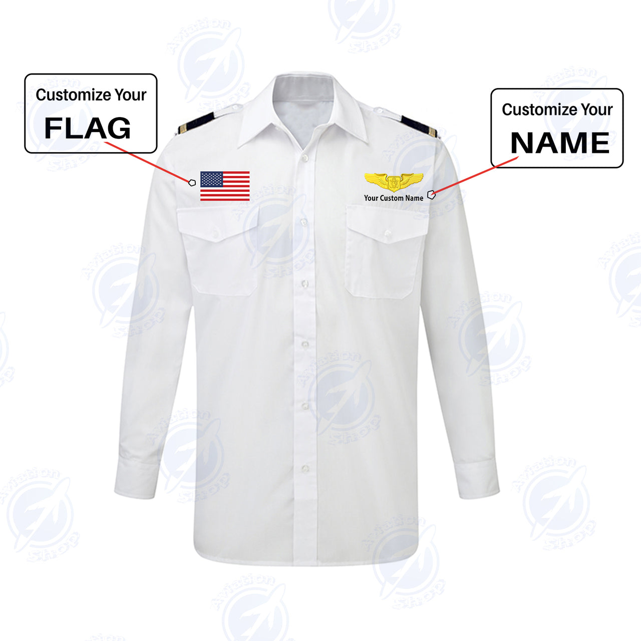 Custom Flag & Name with EPAULETTES (Special US Air Force) Designed Long Sleeve Pilot Shirts
