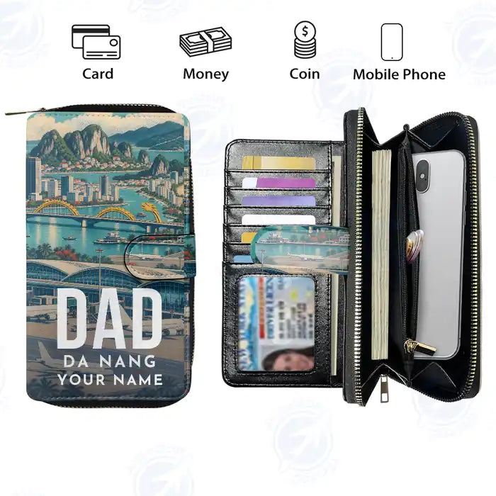 Da Nang International Airport (DAD) Leather Wallets - Zip Long Wallet - Scene + Name