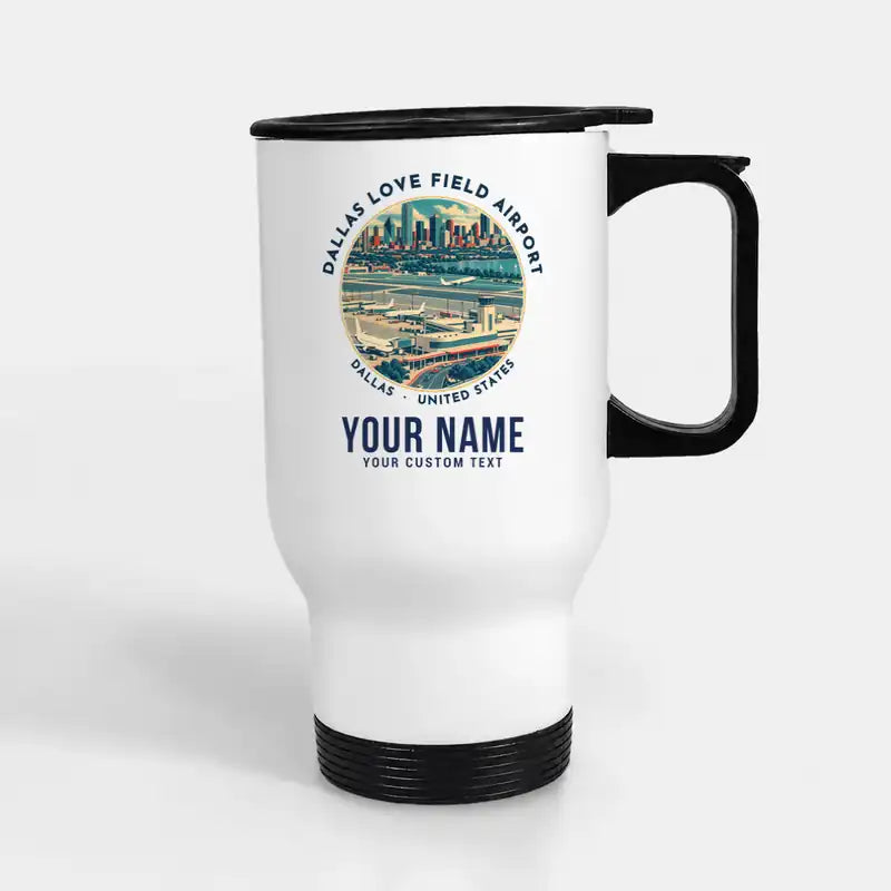 Dallas Love Field (DAL) Travel Mugs - Badge + Name - Stainless Steel with Holder - White