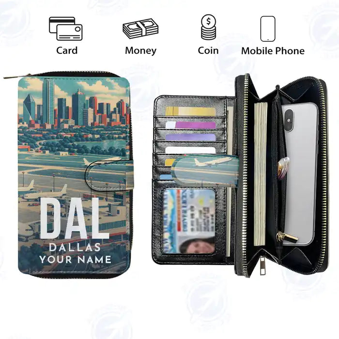 Dallas Love Field (DAL) Leather Wallets - Zip Long Wallet - Scene + Name
