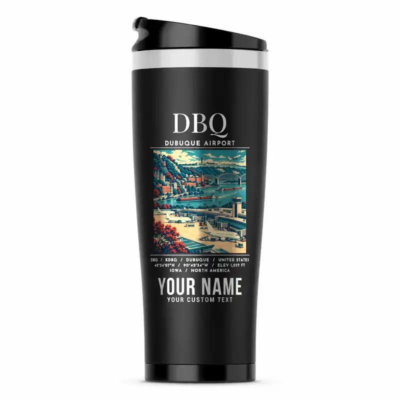 Dubuque Regional Airport (DBQ) Travel Mugs - Poster + Name - Stainless Steel (No Holder) - Black