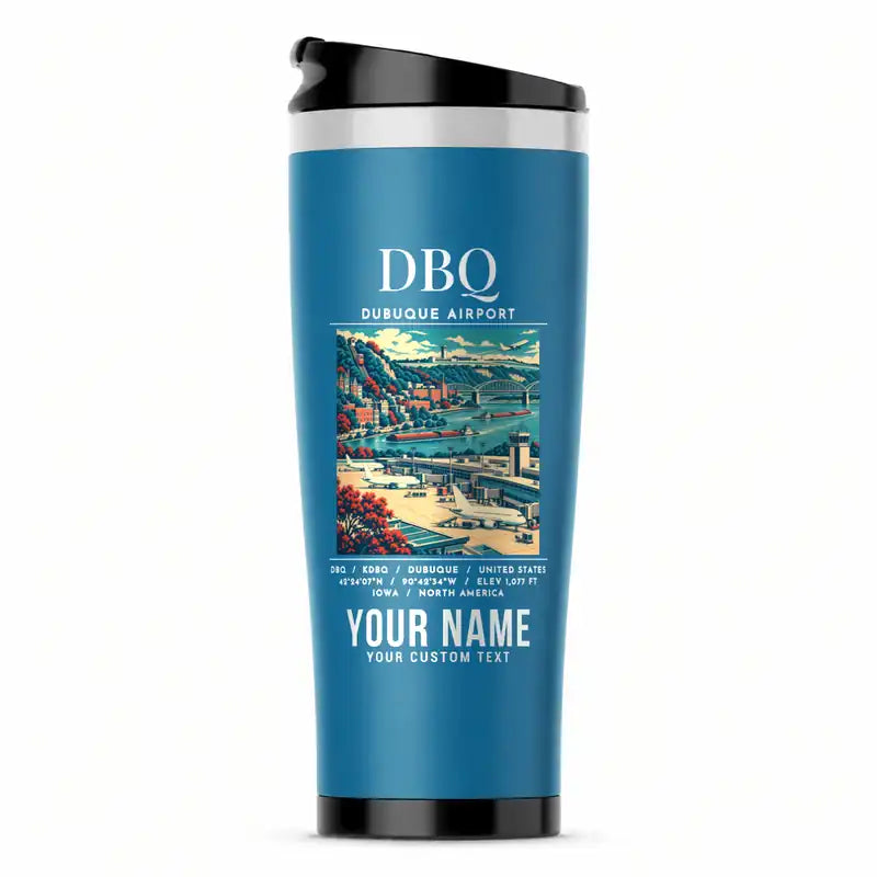 Dubuque Regional Airport (DBQ) Travel Mugs - Poster + Name - Stainless Steel (No Holder) - Light Blue