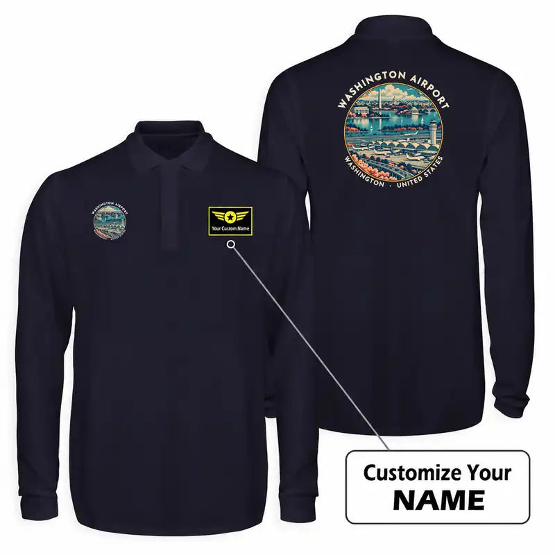 Ronald Reagan Washington National Airport (DCA) Premium Polo T-Shirts - Badge + Name - Long Sleeve - Dark Blue