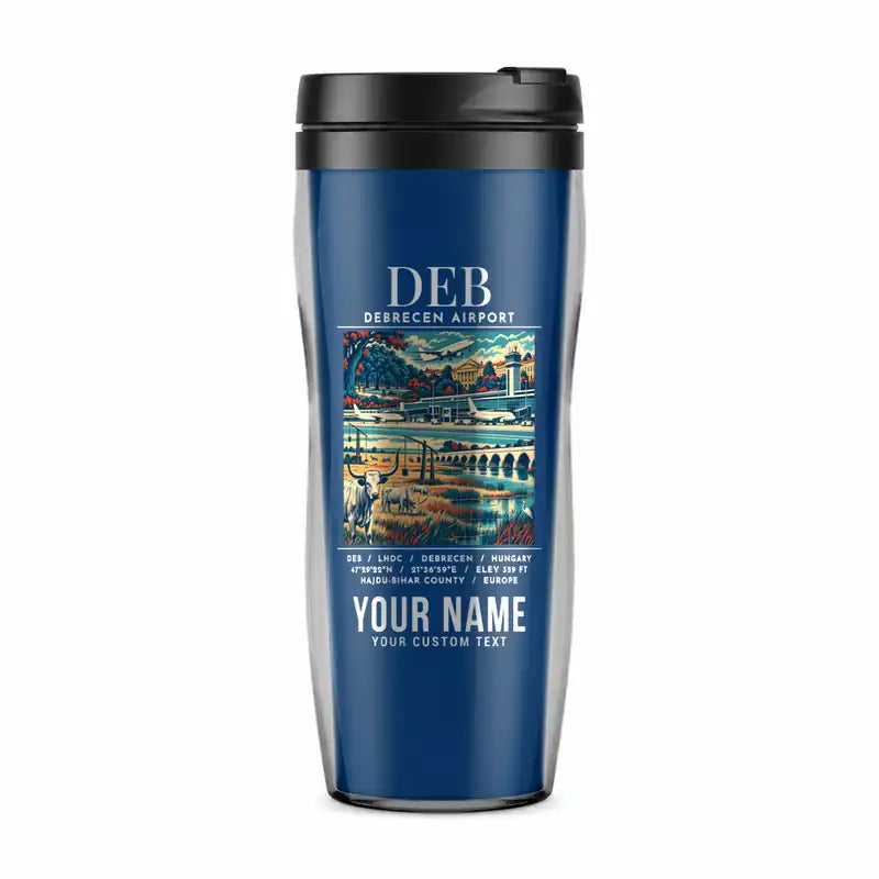 Debrecen International Airport (DEB) Travel Mugs - Poster + Name - Plastic (No Holder) - Blue