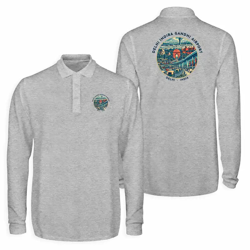 Delhi Indira Gandhi International Airport (DEL) Premium Polo T-Shirts - Badge - Long Sleeve - Gray