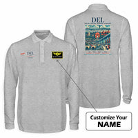 Thumbnail for Delhi Indira Gandhi International Airport (DEL) Premium Polo T-Shirts - Poster + Name - Long Sleeve - Gray
