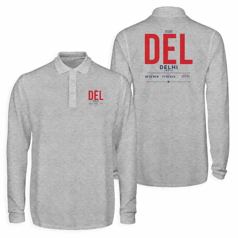 Delhi Indira Gandhi International Airport (DEL) Premium Polo T-Shirts - Tag - Long Sleeve - Gray
