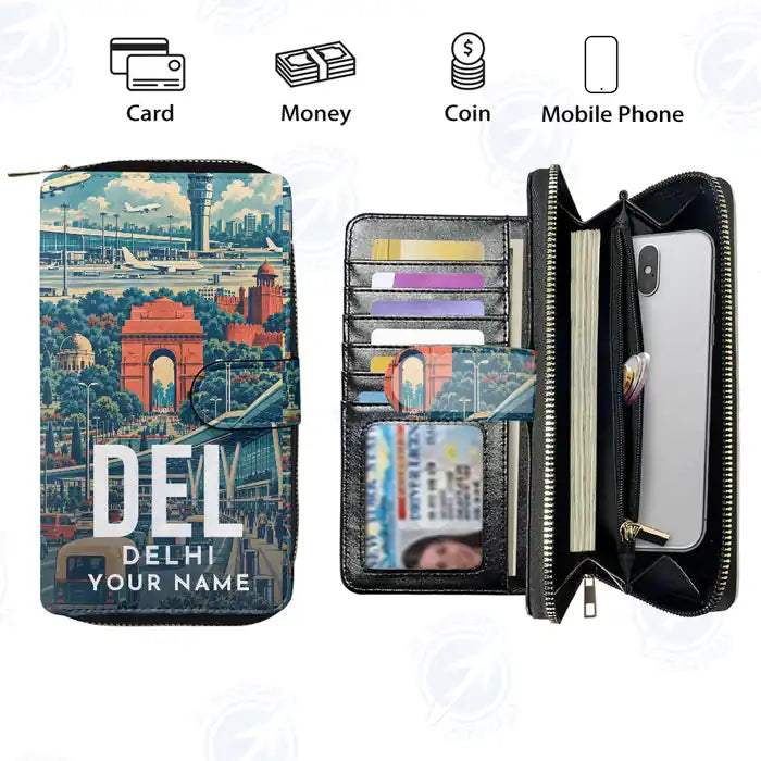 Delhi Indira Gandhi International Airport (DEL) Leather Wallets - Zip Long Wallet - Scene + Name