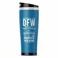 Thumbnail for Dallas Fort Worth International Airport (DFW) Travel Mugs - Boarding Pass + Name - Stainless Steel (No Holder) - Light Blue